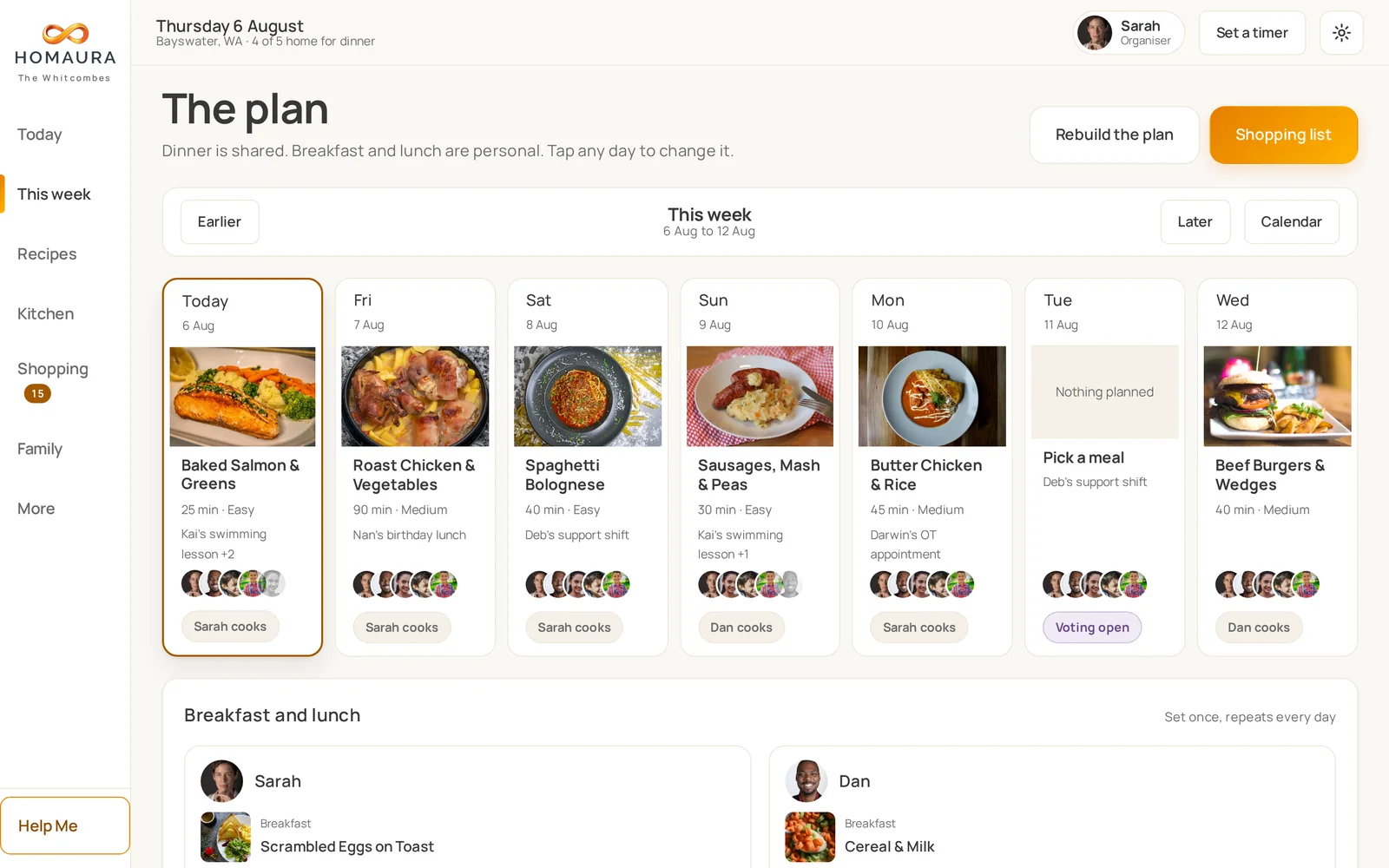 The plan: seven days of dinners with who is cooking and what else is on that day.