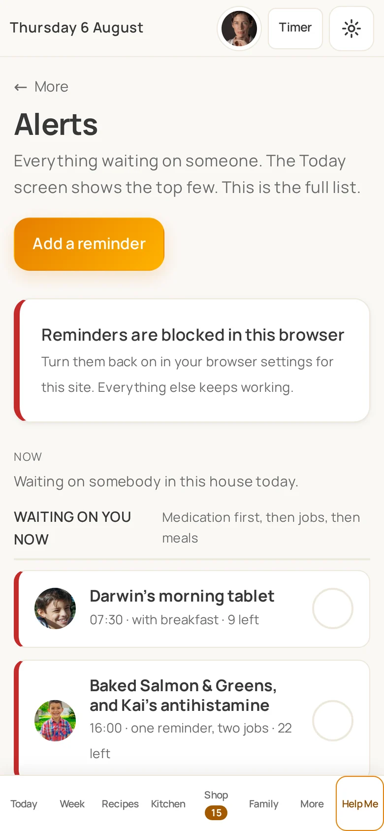 The reminder list on a phone.