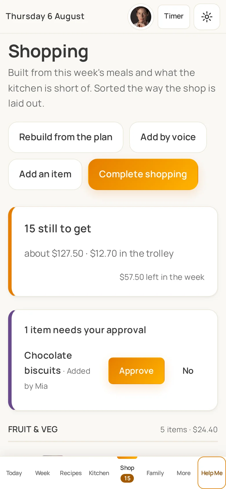 The shopping list on a phone.