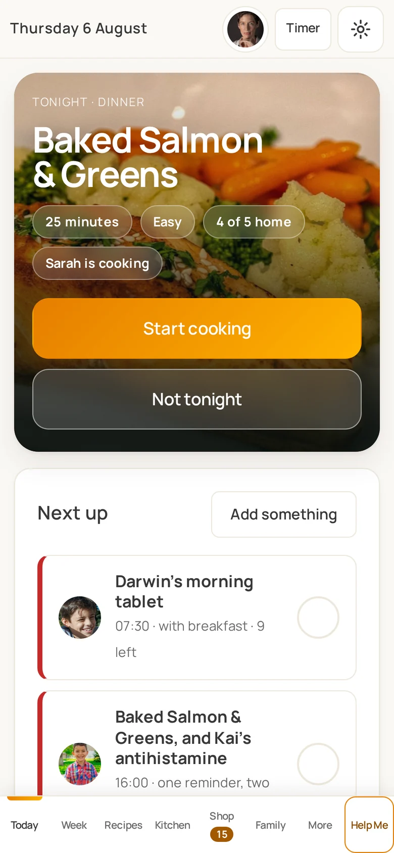 The HOMAURA home screen on a phone, showing tonight's dinner, who is home, and the next medication reminder.